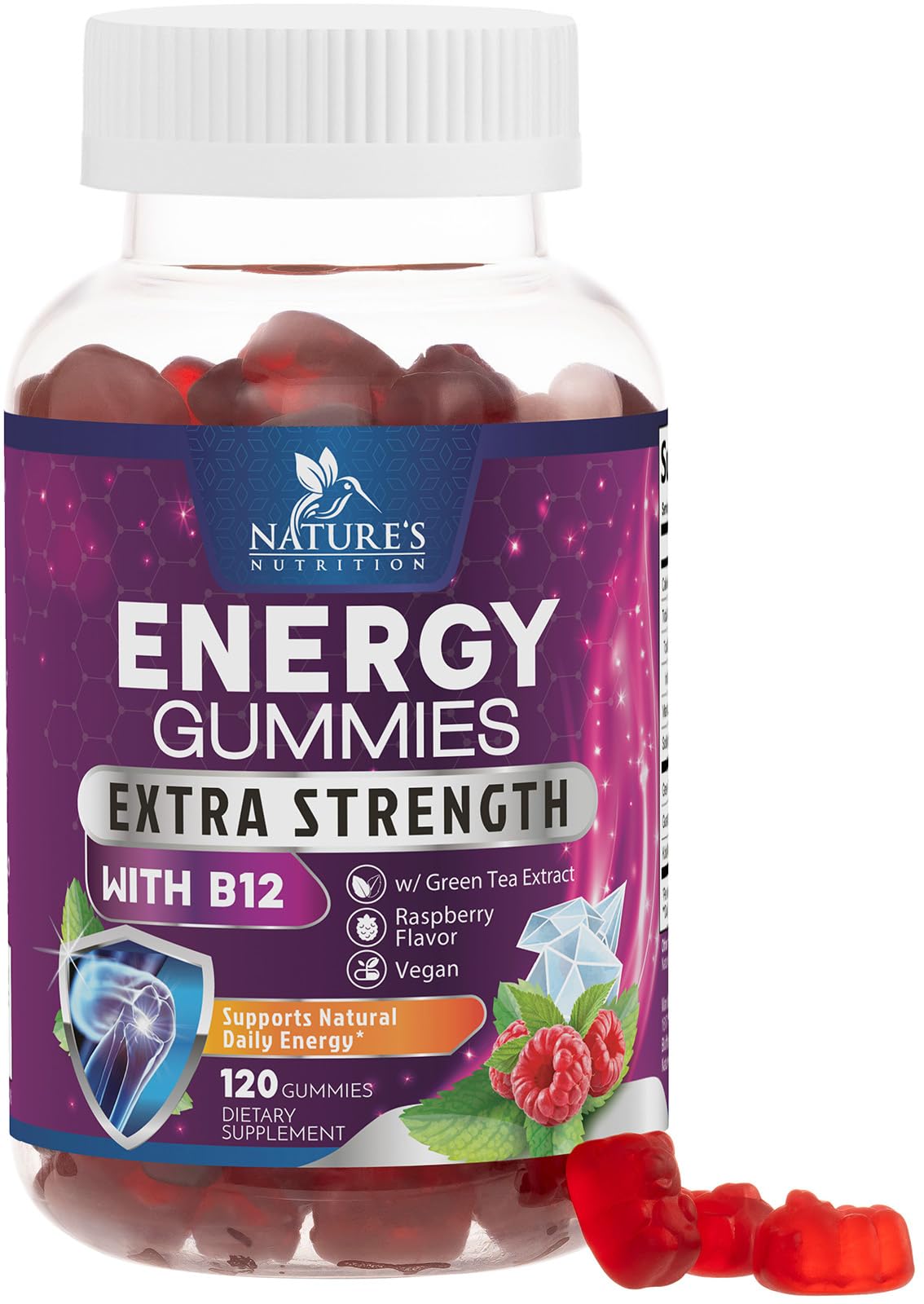 Nature's Nutrition frasco frontal mostrando gominolas energéticas y facilidad de uso