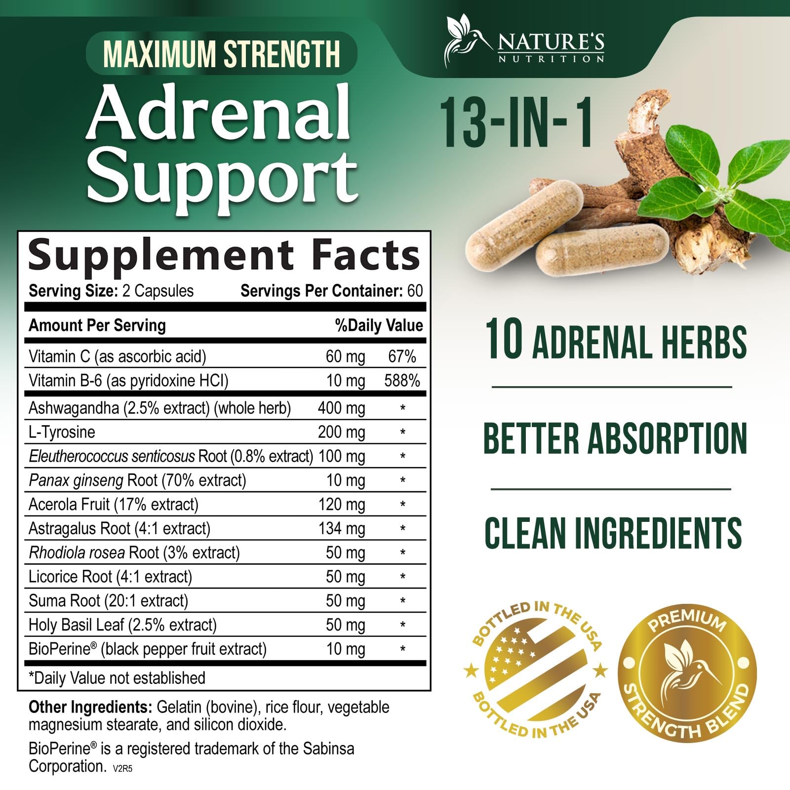 Nature's Nutrition etiqueta con ingredientes clave visible y claro