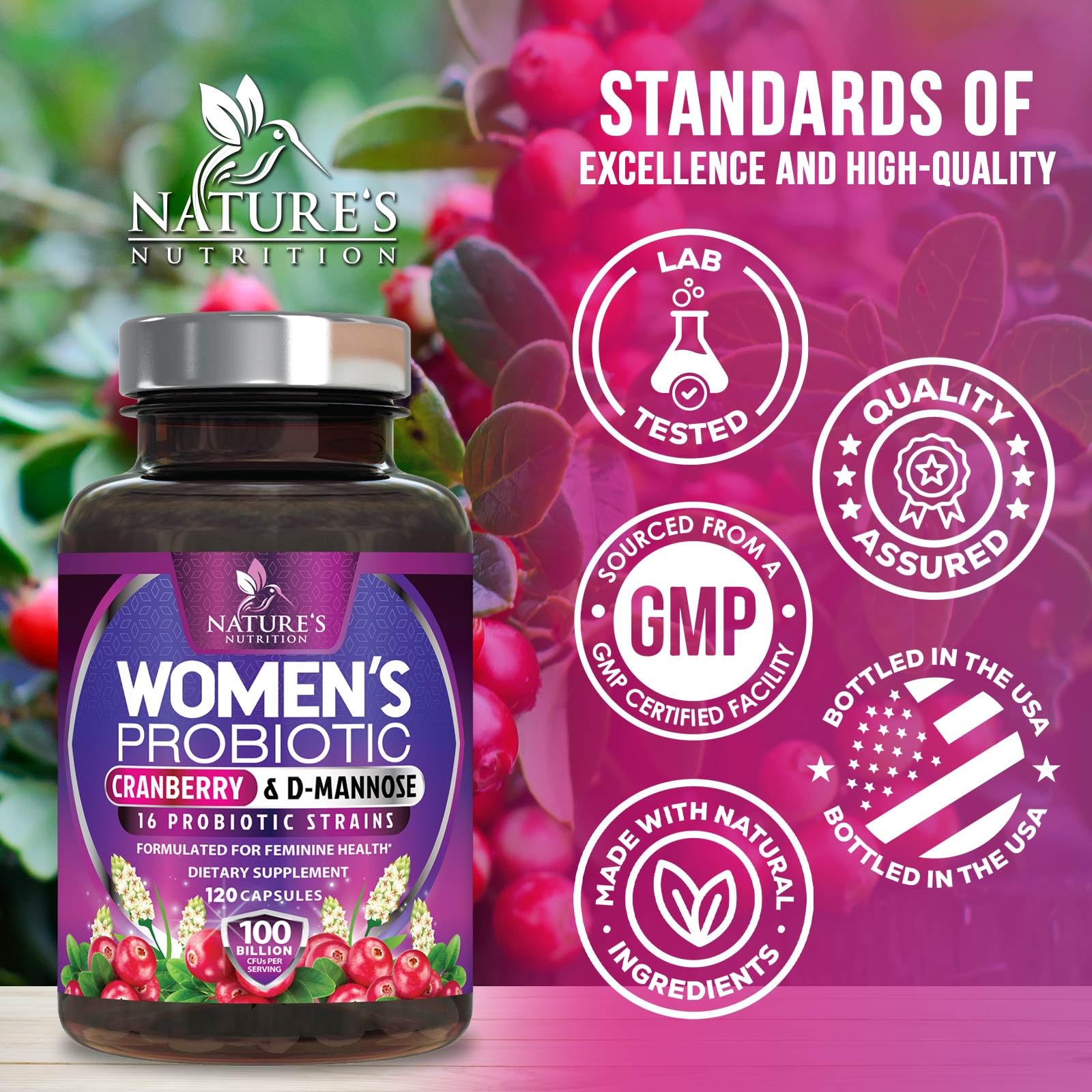 Nature's Nutrition etiqueta de ingredientes mostrando cepas y pureza