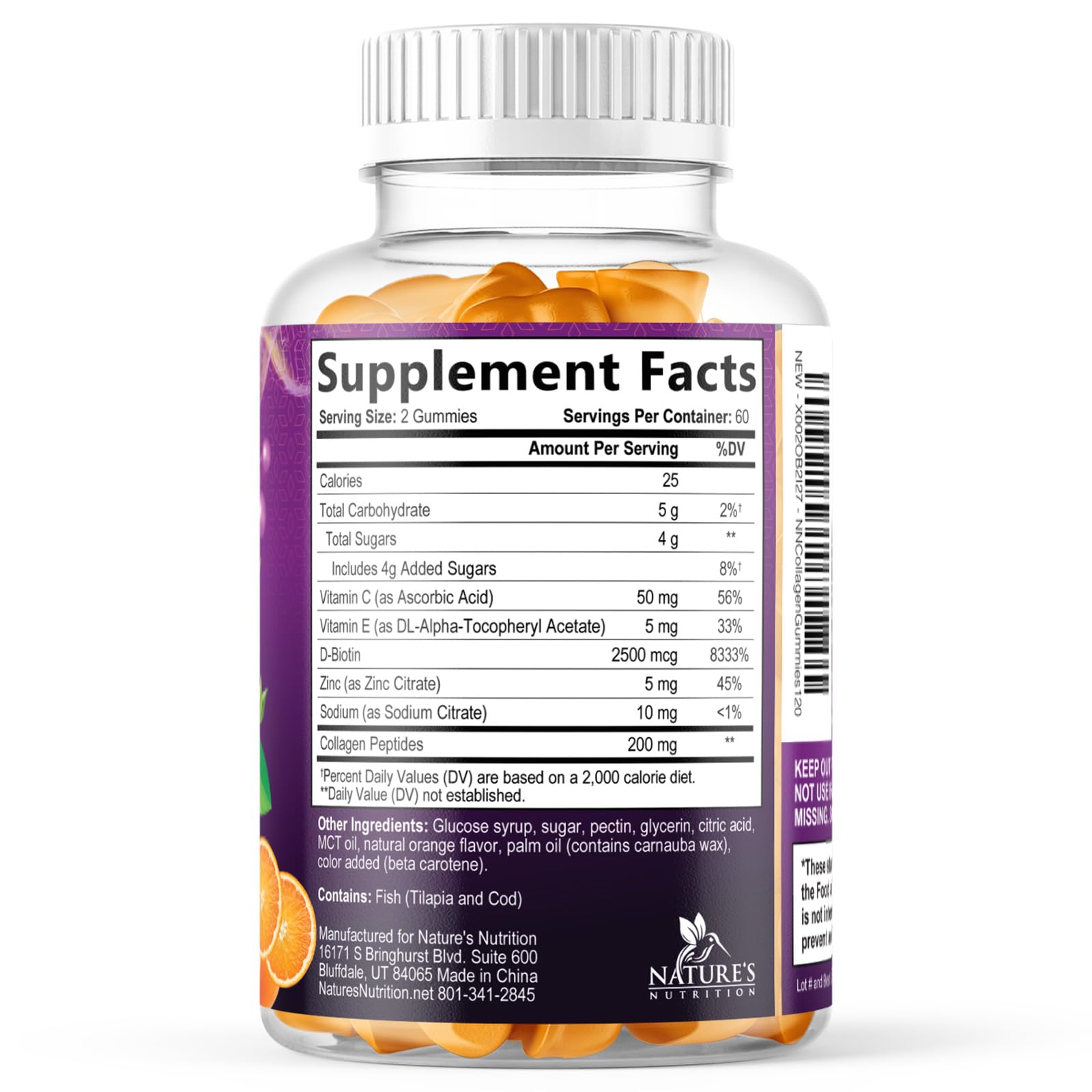 Nature's Nutrition etiqueta nutricional enfocada en biotina y colágeno por porción