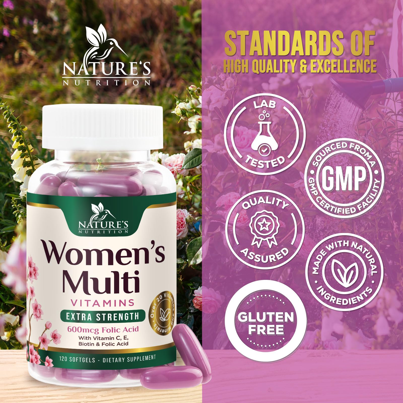 Nature's Nutrition etiqueta nutricional mostrando vitaminas y minerales clave
