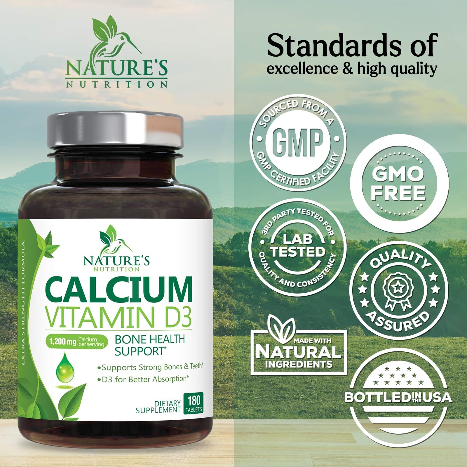 Nature's Nutrition etiqueta nutricional legible mostrando calcio y vitamina D3