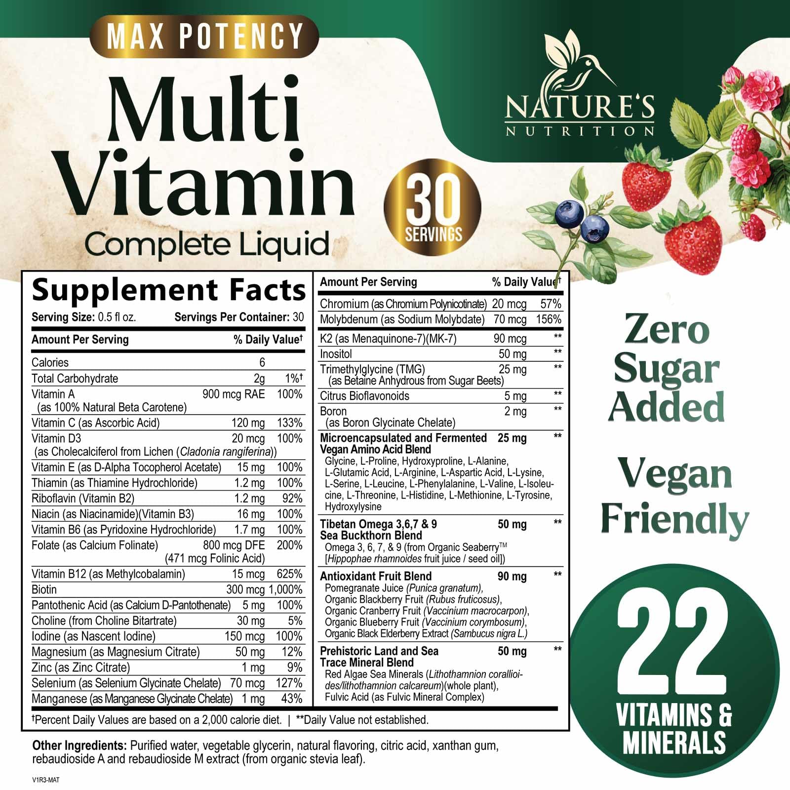 Nature's Nutrition etiqueta con lista de vitaminas y beneficios visibles