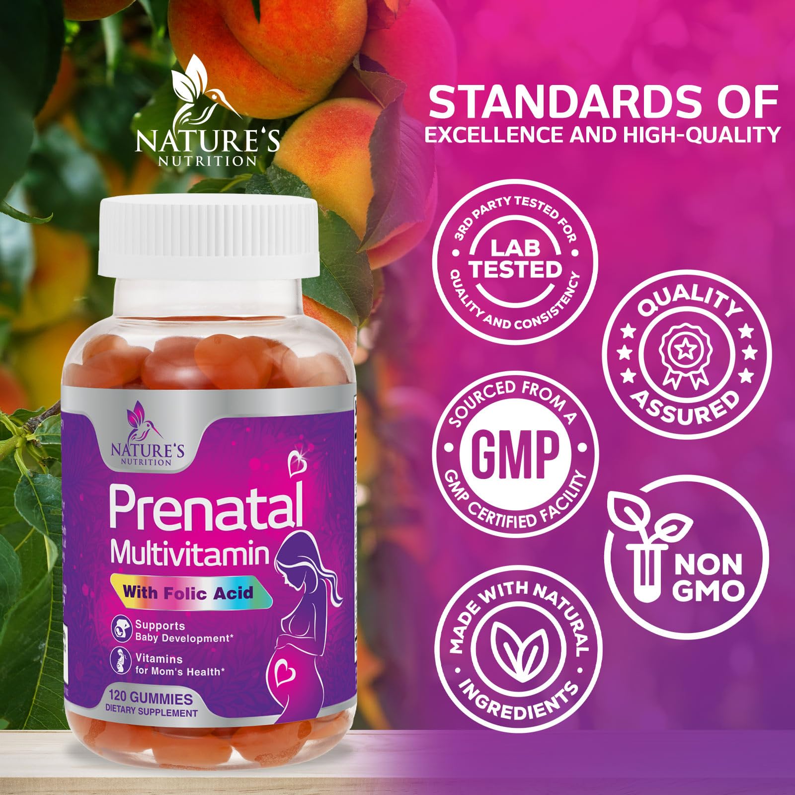 Detalle de etiqueta Nature's Nutrition con lista de vitaminas y cumplimiento cGMP