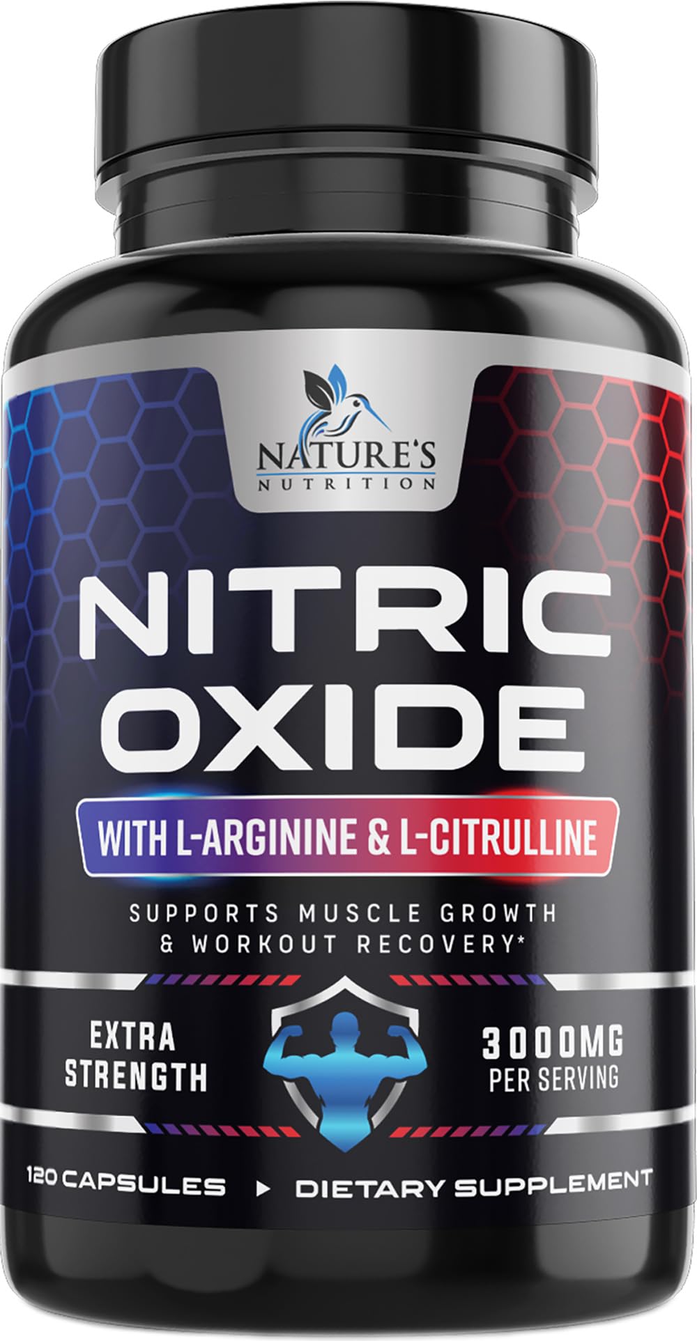 Nature's Nutrition frasco delante mostrando cápsulas y beneficio rendimiento