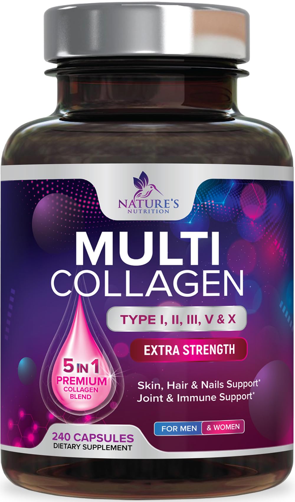 Nature's Nutrition frasco frontal mostrando 240 cápsulas, ventaja conveniencia