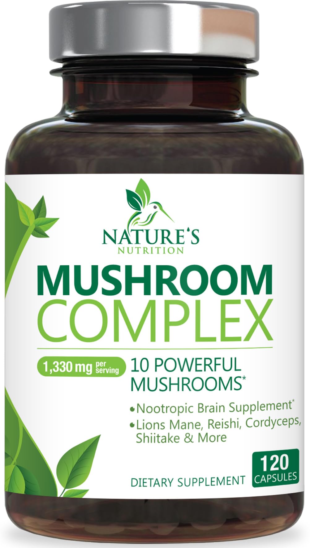 Nature's Nutrition frasco delantero mostrando 120 cápsulas y beneficios claros