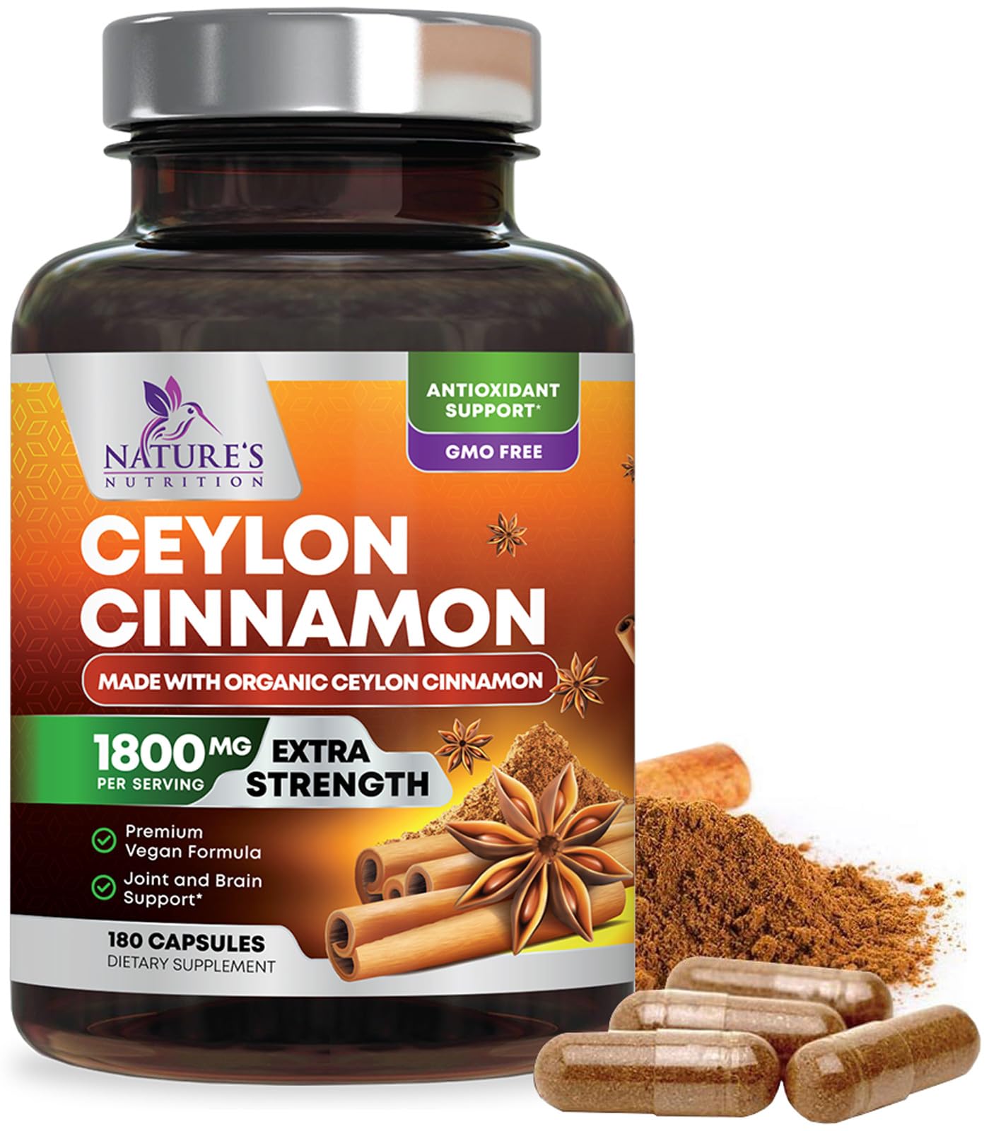 Nature's Nutrition frasco frontal canela Ceilán muestra calidad