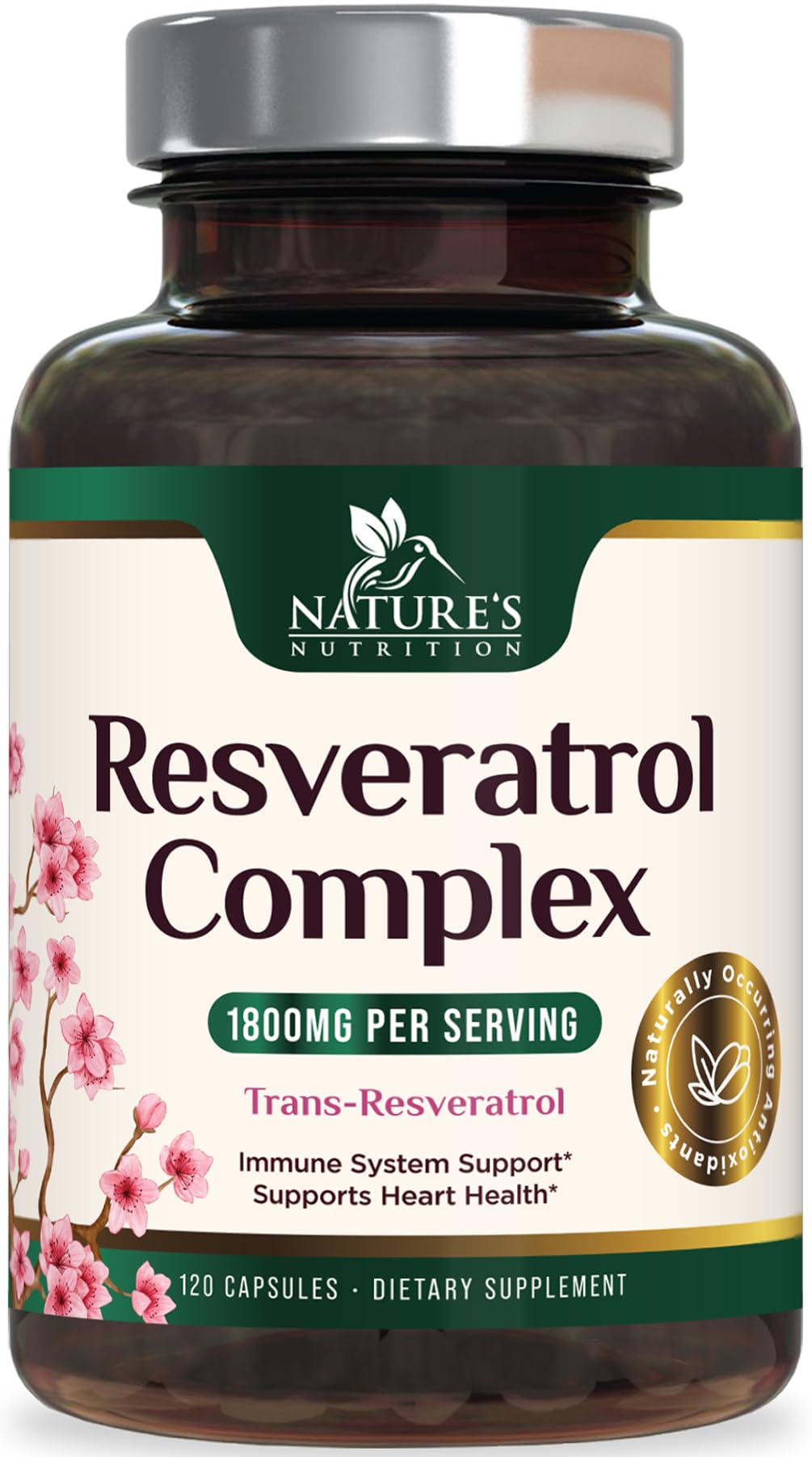 Nature's Nutrition frasco frontal de resveratrol mostrando etiqueta y cantidad