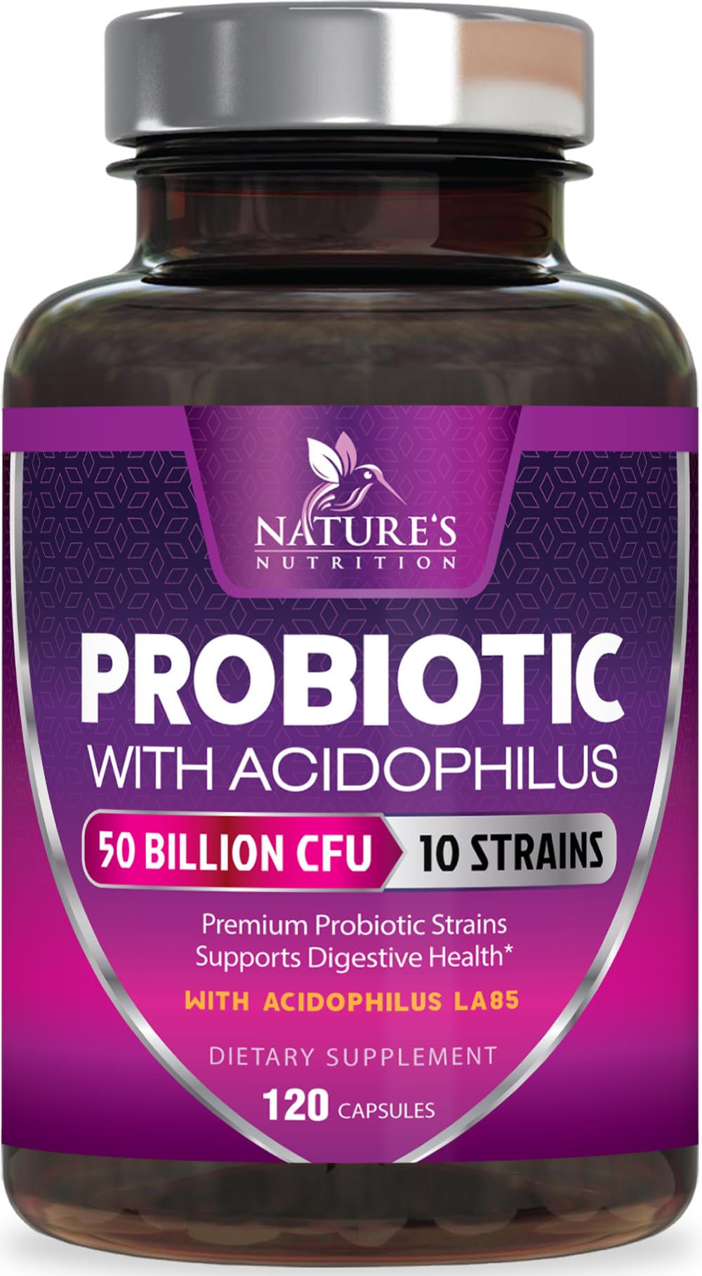 Nature's Nutrition frasco frontal mostrando etiquetas claras y beneficios