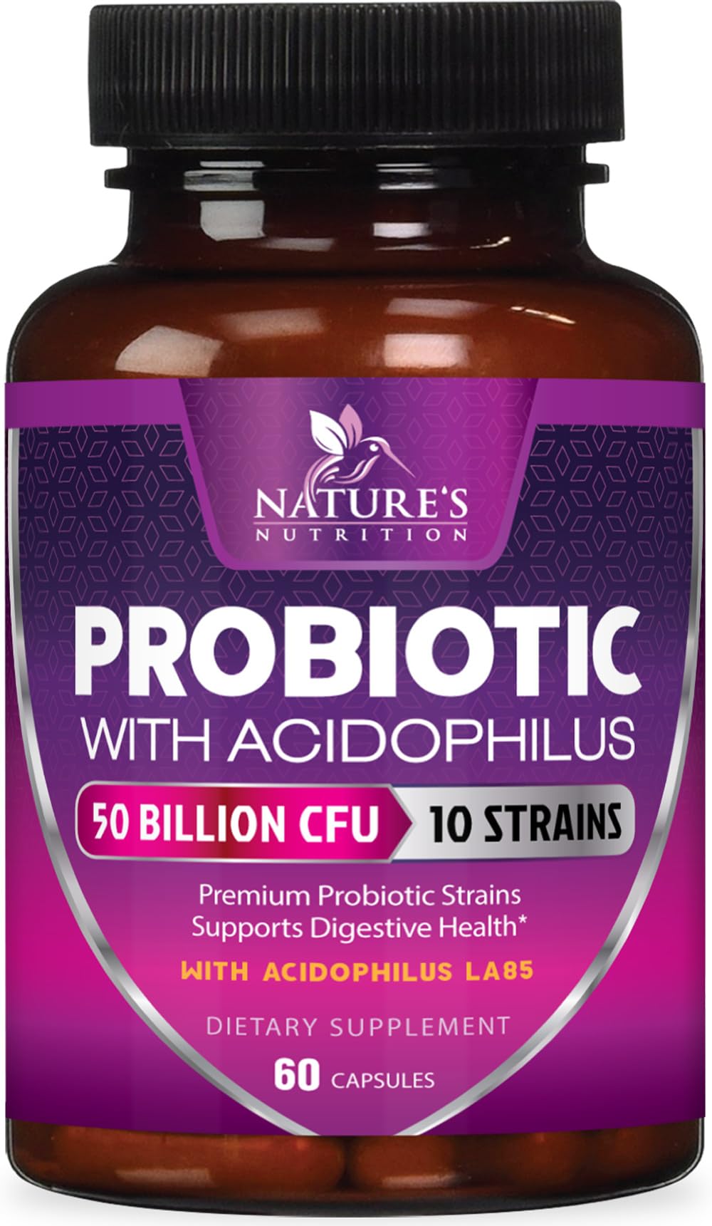 Nature's Nutrition frasco frontal mostrando etiqueta y beneficios clave