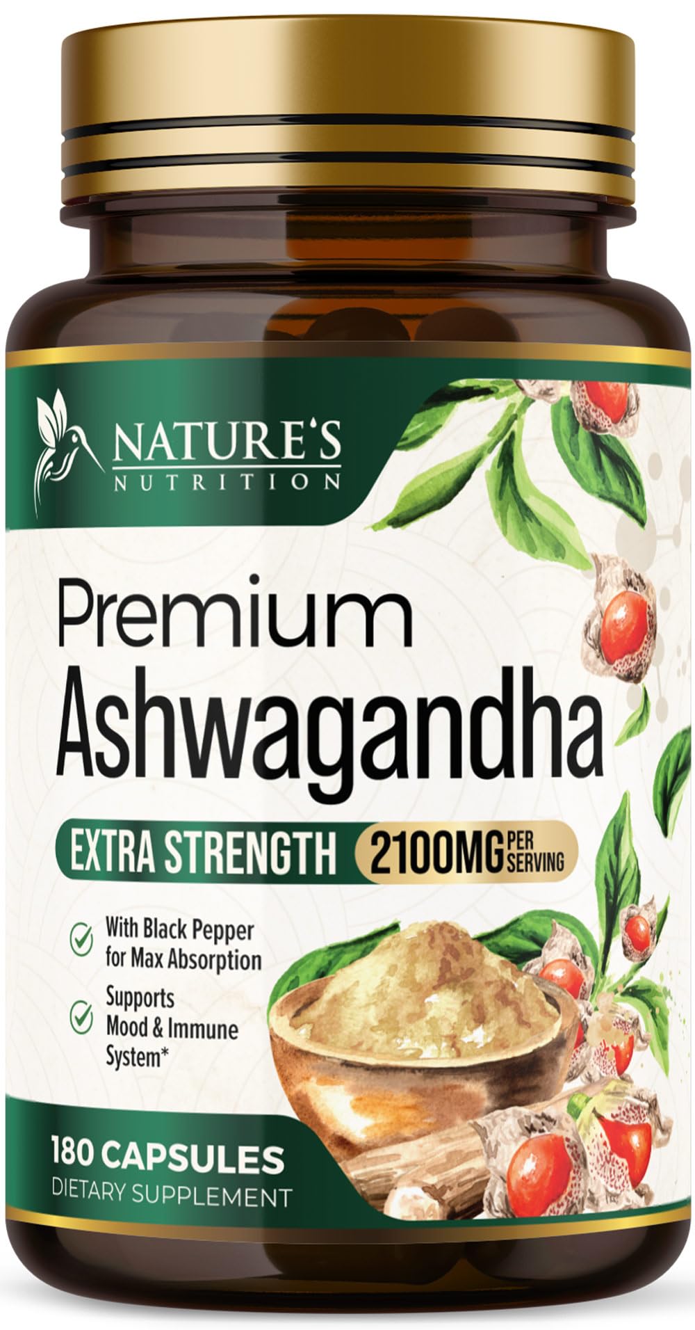 Nature's Nutrition frasco frontal mostrando 180 cápsulas y marca