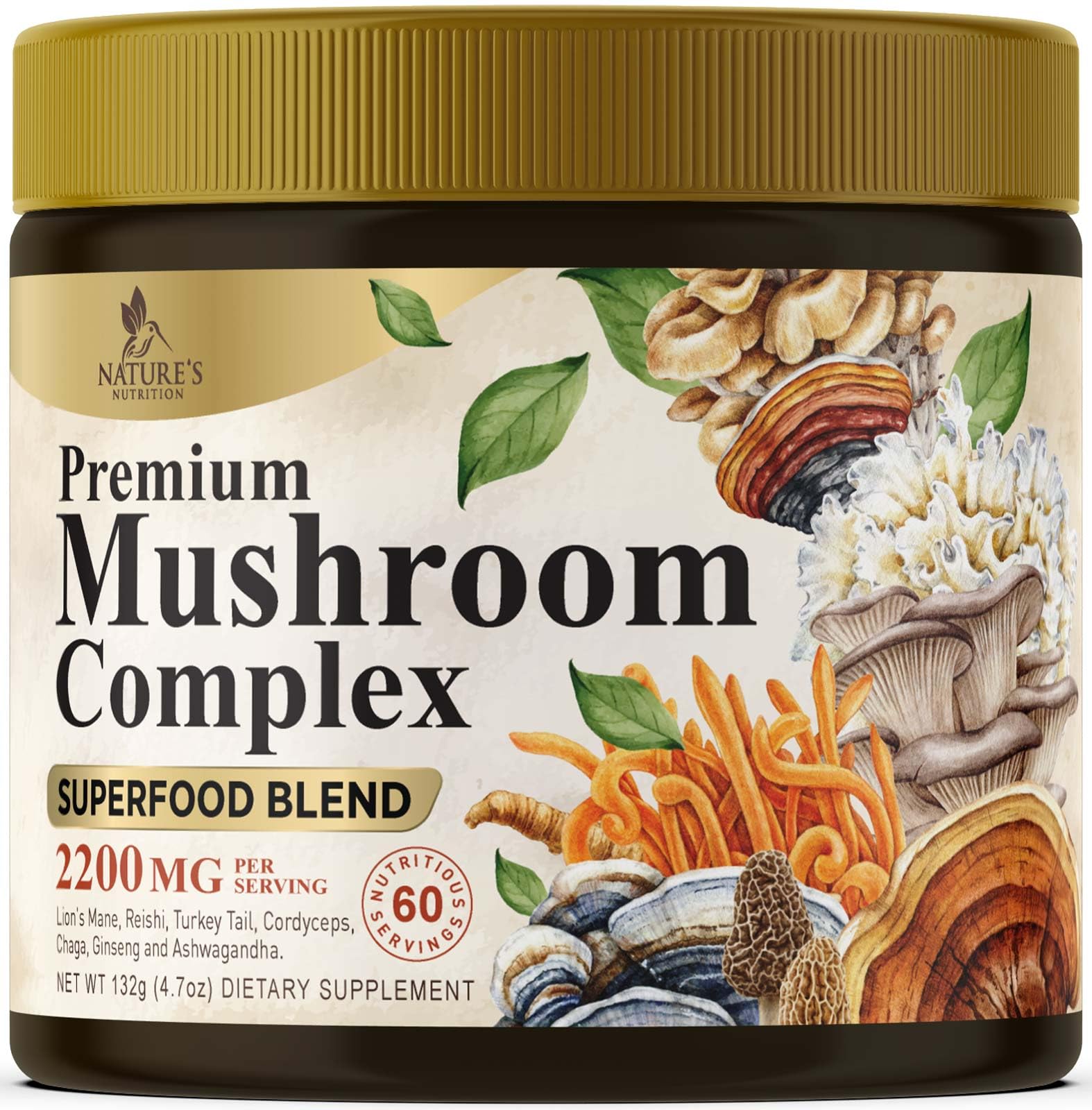 Nature's Nutrition envase frontal mostrando mezcla de 11 hongos y beneficio de uso diario