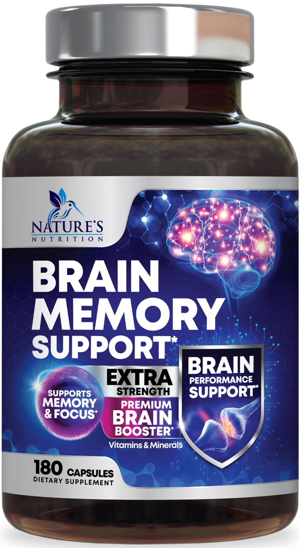 Nature's Nutrition frasco al frente muestra 180 cápsulas para apoyo cognitivo