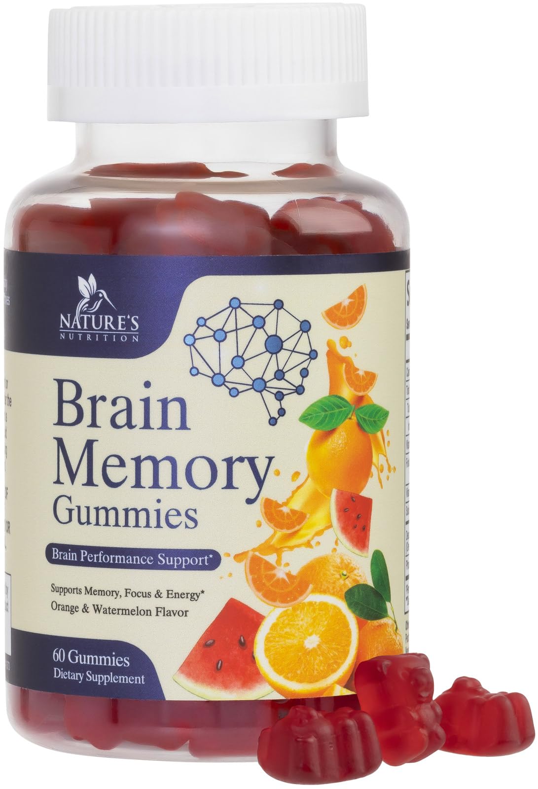 Nature's Nutrition envase frontal de gomitas para memoria y concentración