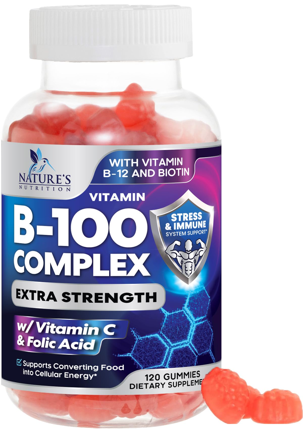 Nature's Nutrition envase frontal y 120 gomitas para energía