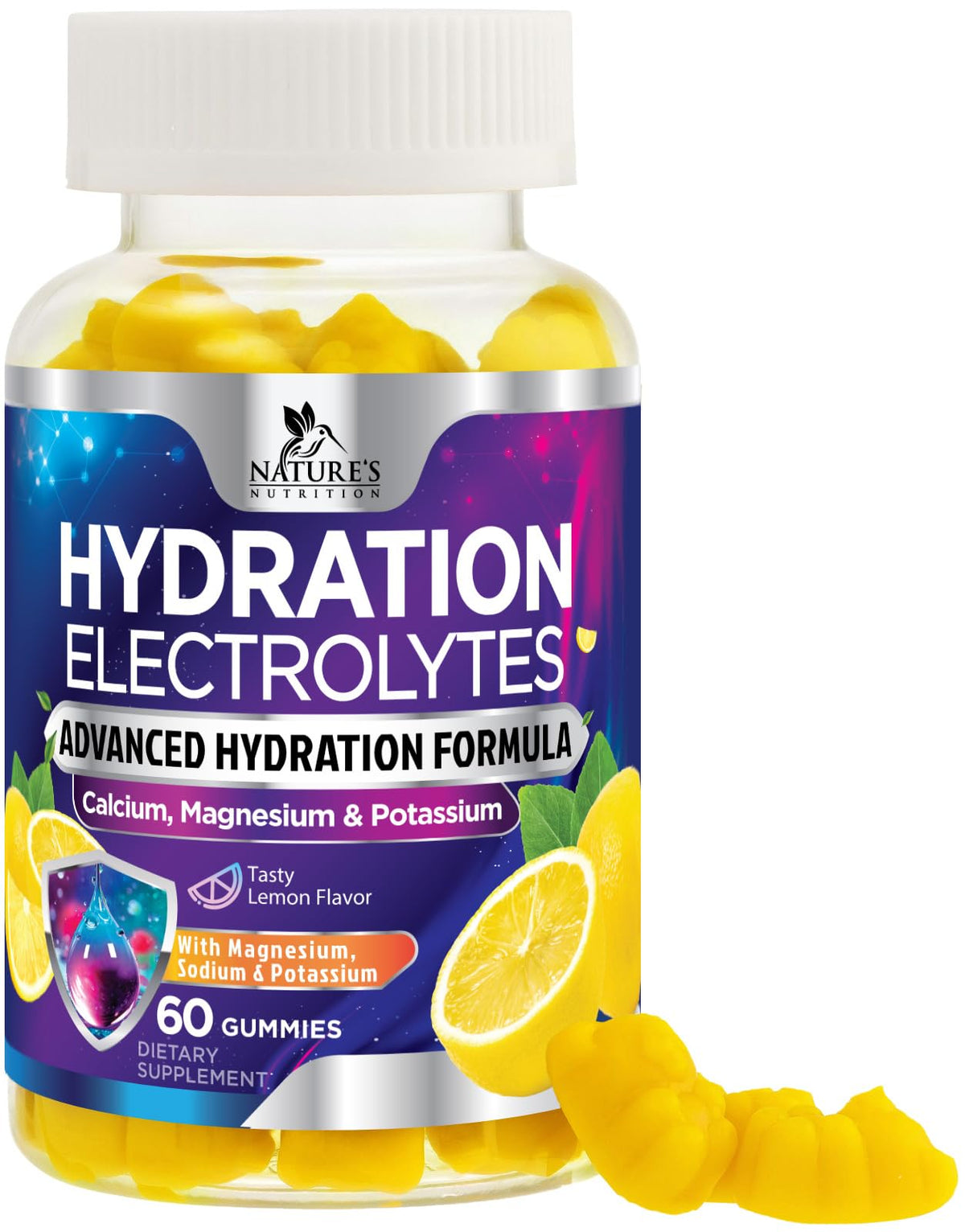 Nature's Nutrition paquete frontal mostrando gominolas y beneficio de hidratación rápida
