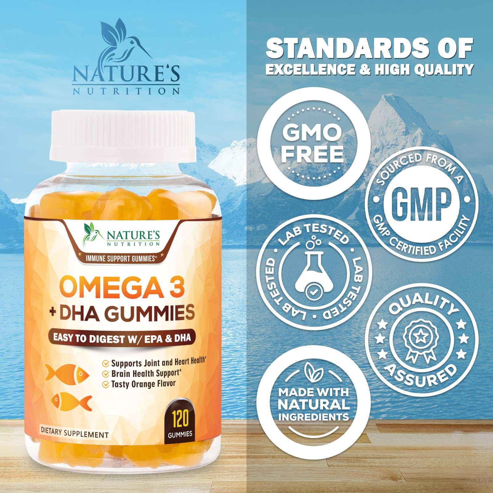 Nature's Nutrition gominolas en mano mostrando tamaño real para facilitar la dosificación