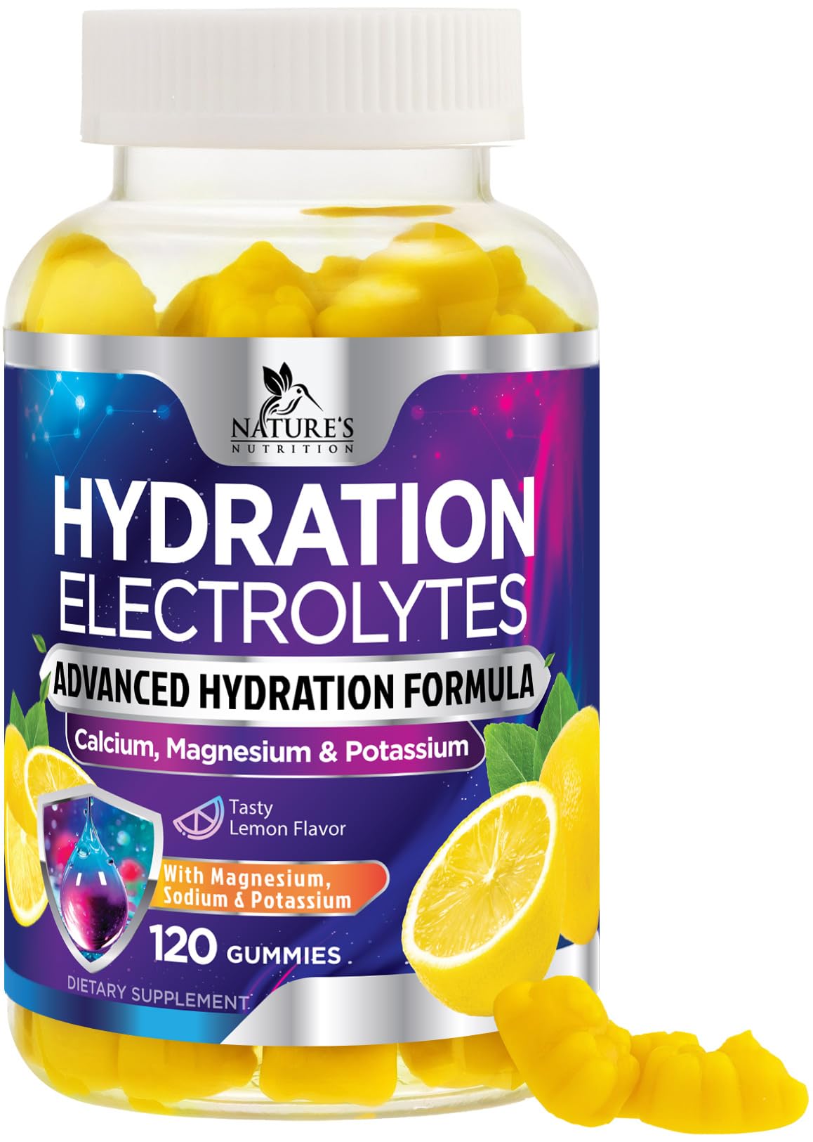 Nature's Nutrition frente del envase mostrando 120 gominolas y beneficio portátil
