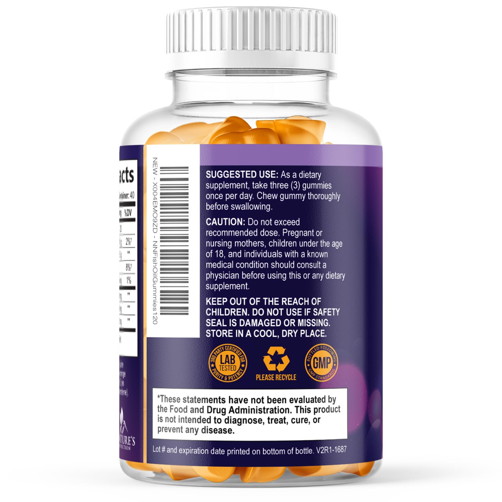 Nature's Nutrition gominolas junto a una regla para comparación de tamaño y porción