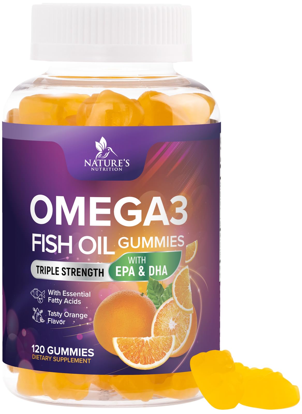 Nature's Nutrition botella frontal de gominolas omega 3 muestra paquete claro y beneficios