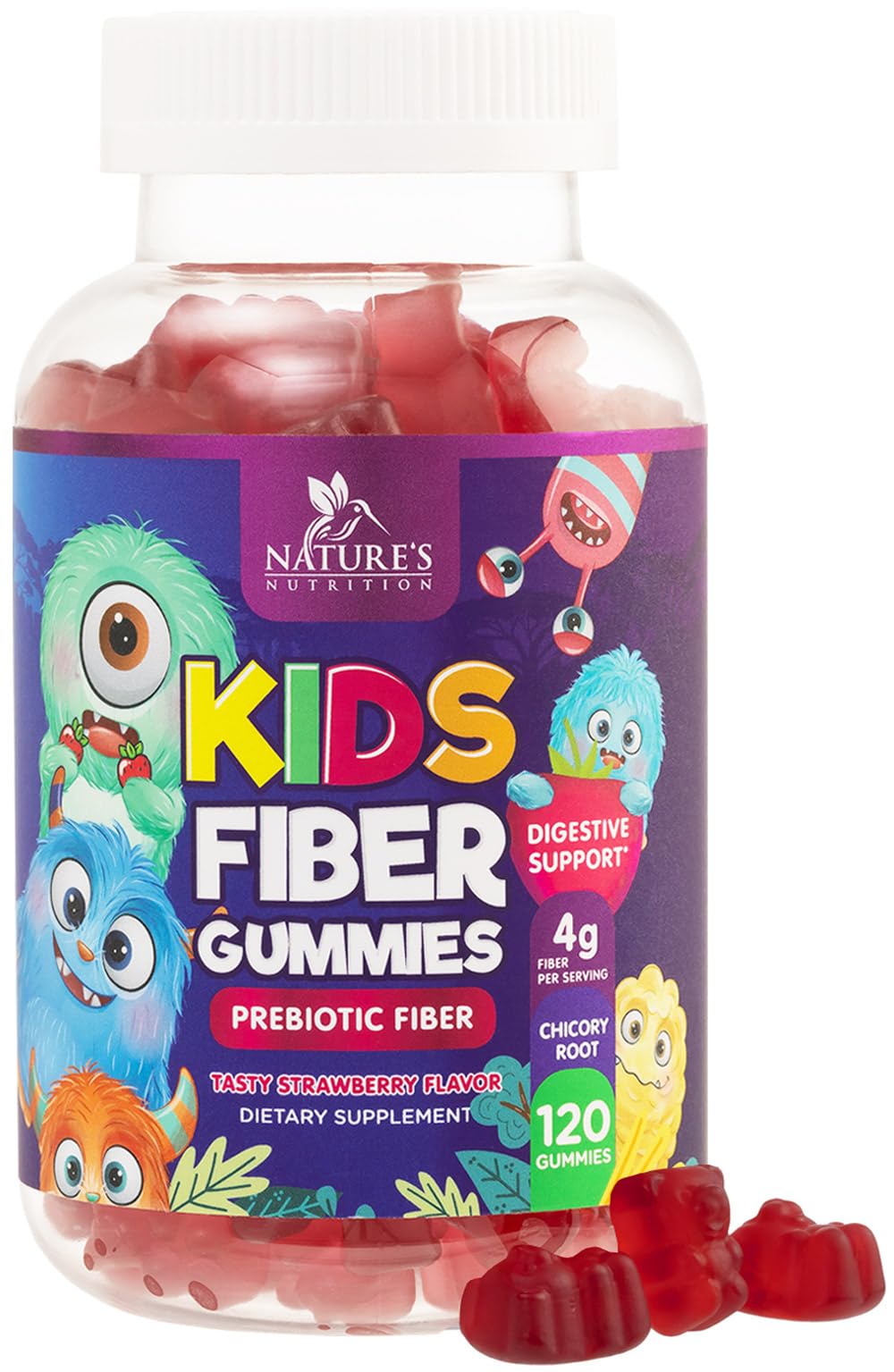 Nature's Nutrition frontal del envase muestra 120 gomitas y beneficio de fibra