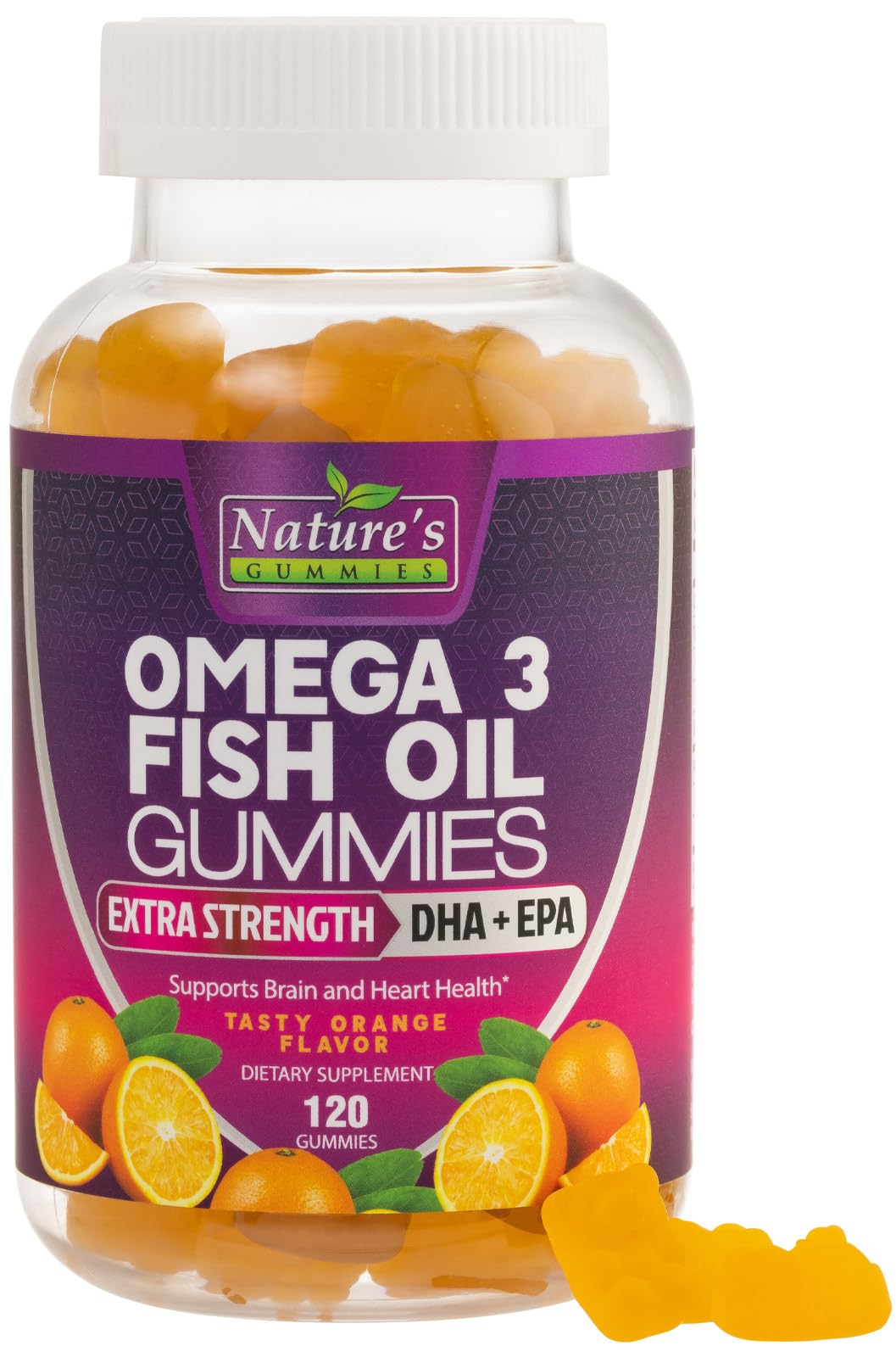 Nature's Nutrition frasco frontal con 120 gomitas omega‑3, práctico y visible