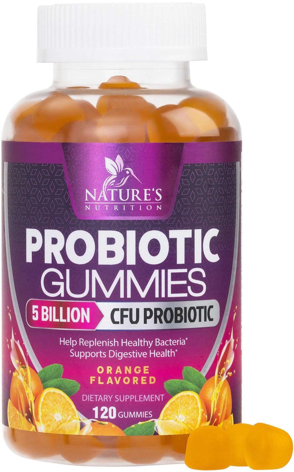 Nature's Nutrition vista frontal del frasco muestra 120 gomitas, conveniente