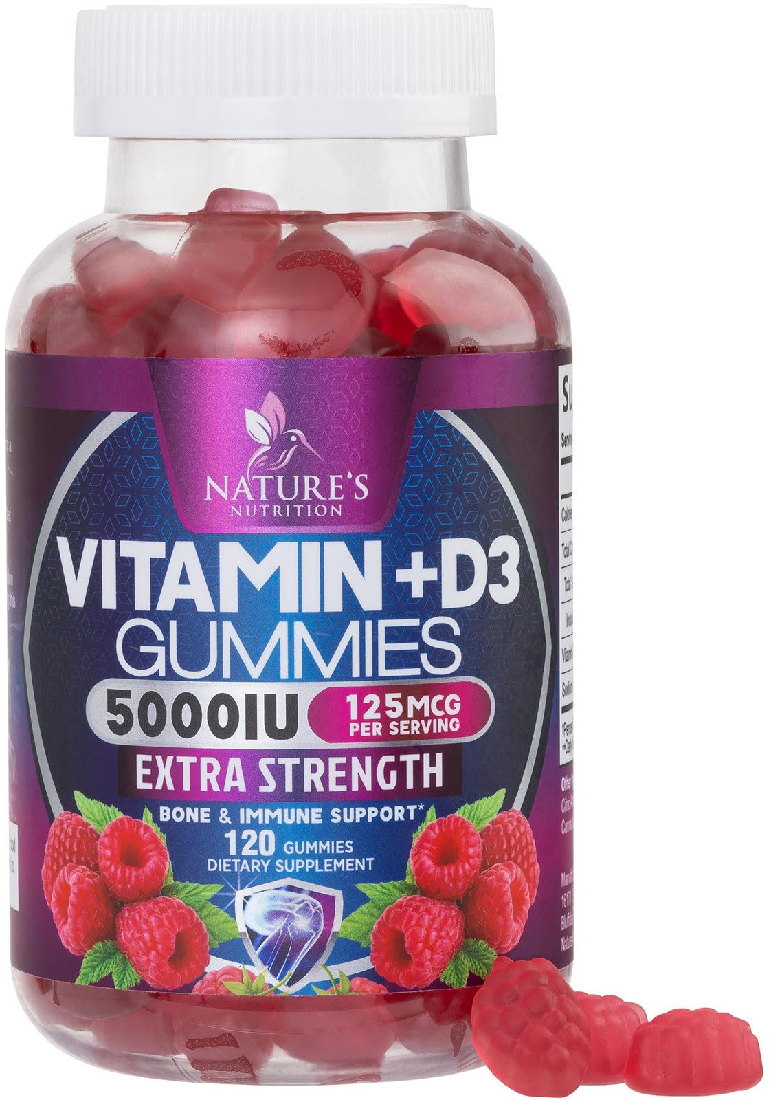 Nature's Nutrition envase frontal que resalta dosis alta y beneficio óseo
