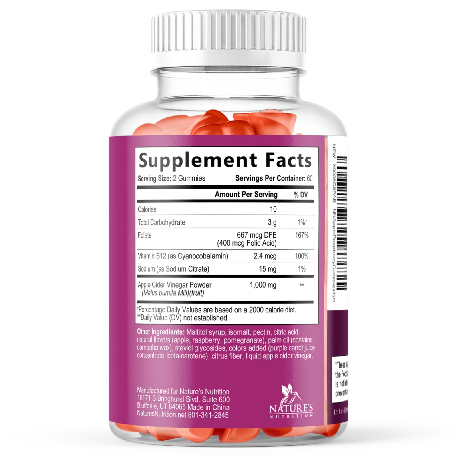 Nature's Nutrition ingredientes con manzana y B12, enfoque en fórmula