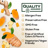 Nature's Nutrition cúrcuma fresca y jengibre al lado del frasco, beneficio ingredientes naturales
