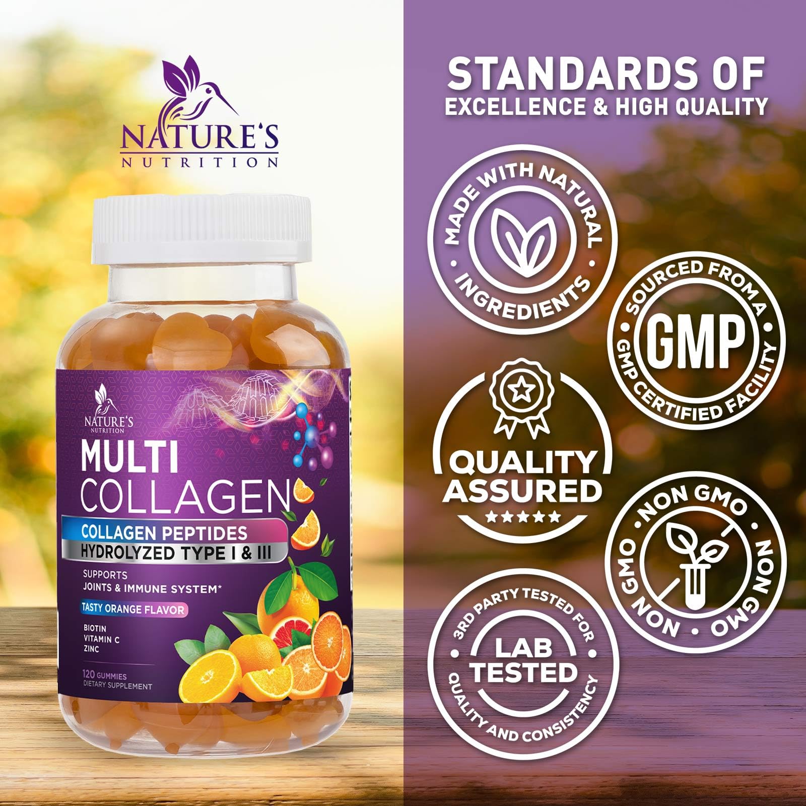 Nature's Nutrition ingredientes (colágeno, biotina, vitamina C) ilustrando sinergia