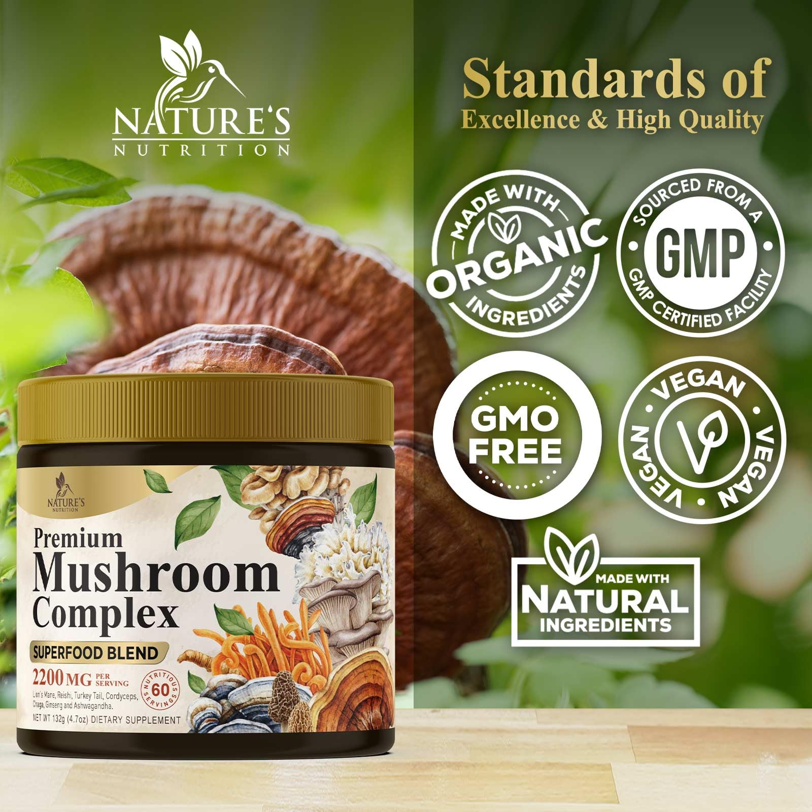 Nature's Nutrition variedad de hongos secos que ilustran origen orgánico y diversidad