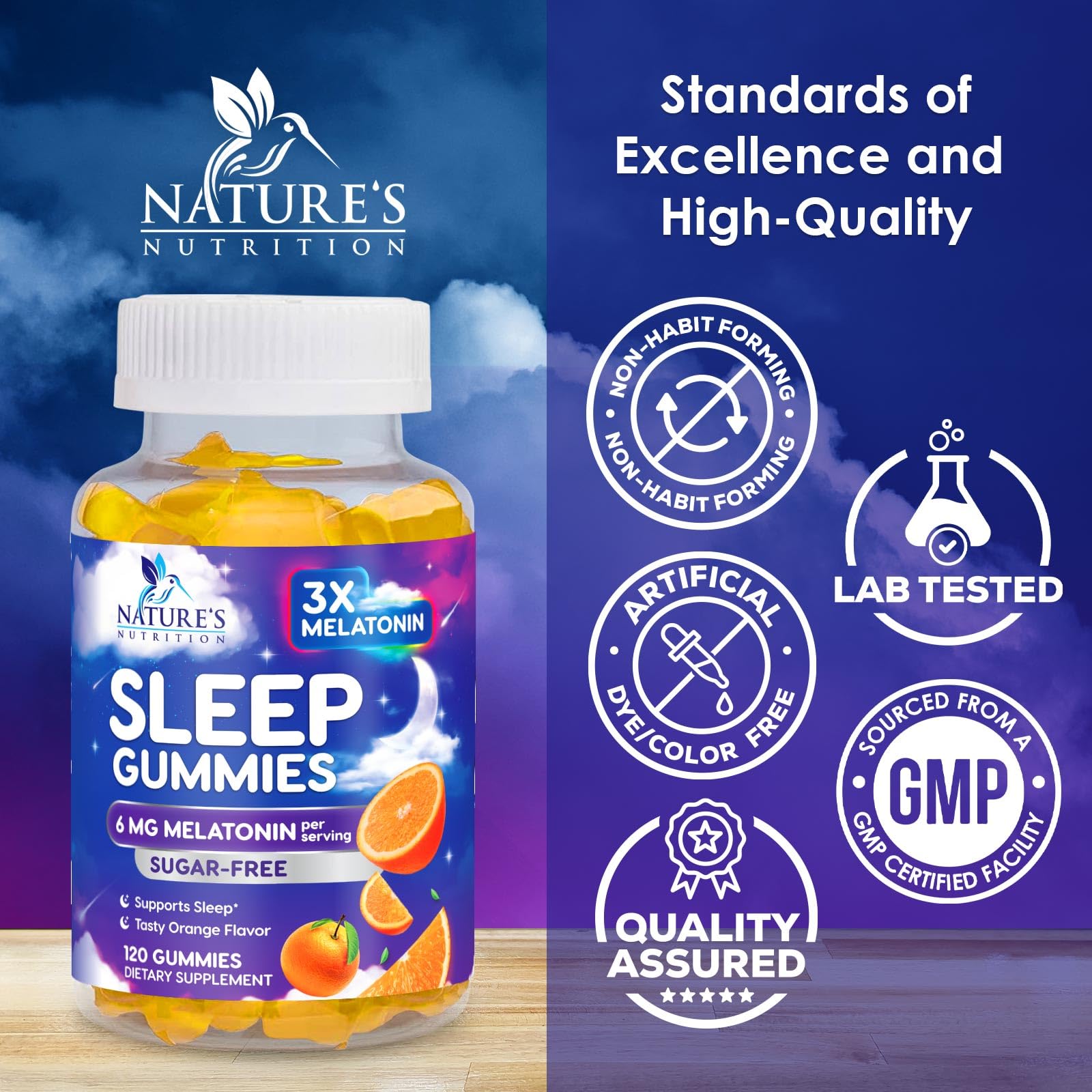 Etiqueta nutricional de Nature's Nutrition melatonin, información de dosis y sin azúcar