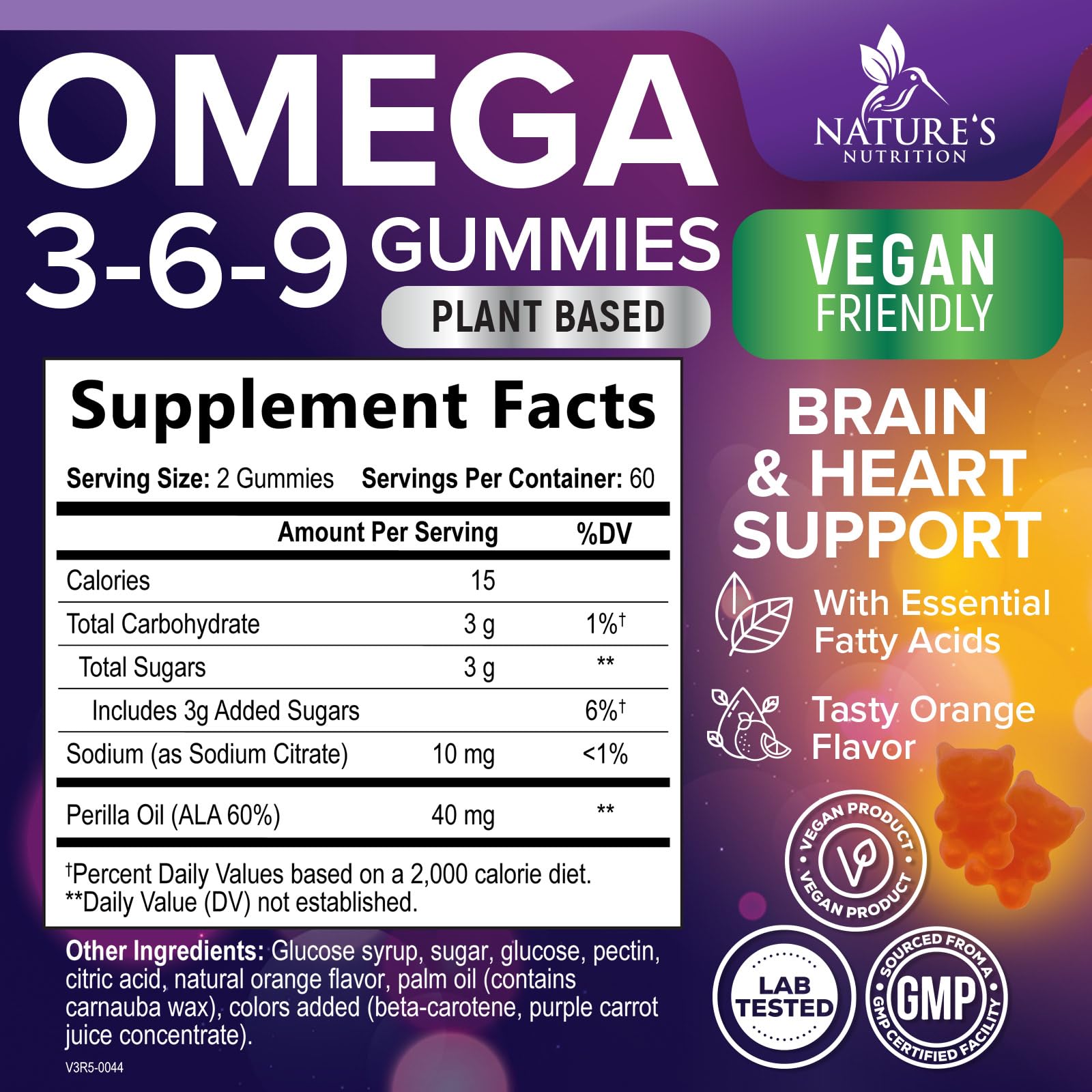 Nature's Nutrition primer plano de gomitas naranja, textura masticable atractiva