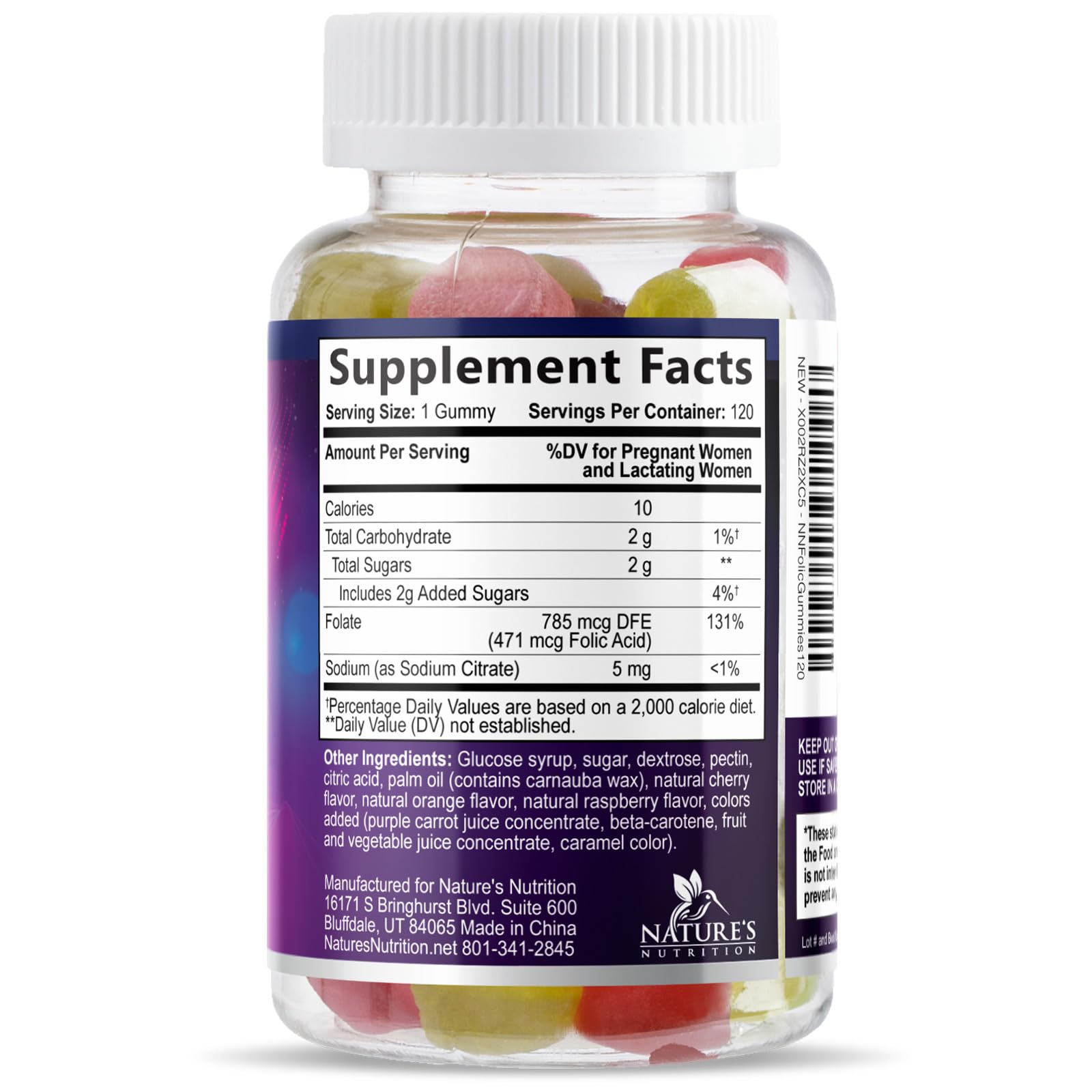 Nature's Nutrition lado del envase con lista de ingredientes y sellos cGMP