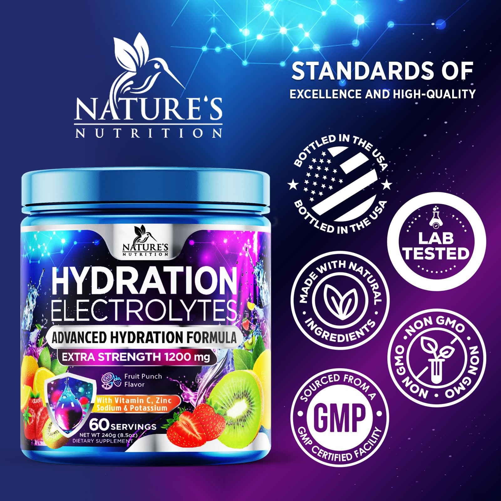 Nature's Nutrition bebida disuelta en vaso lista para hidratar