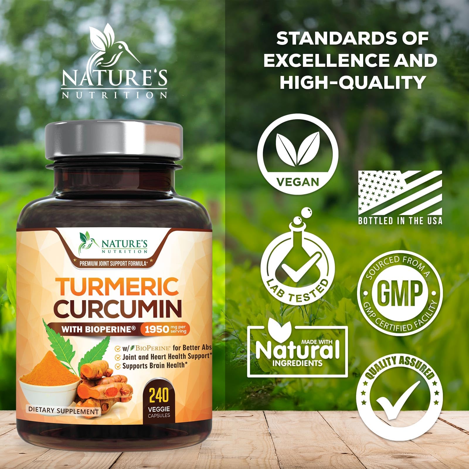 Nature's Nutrition polvo de cúrcuma y raíz ilustrando origen orgánico