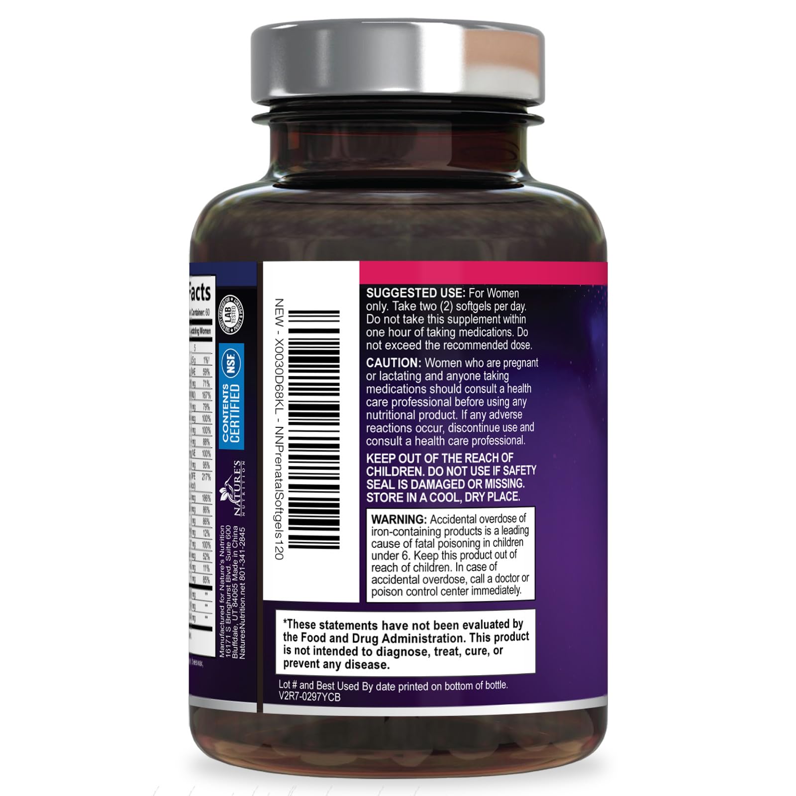 Nature's Nutrition softgels junto a un vaso en cocina, simbolizando uso diario
