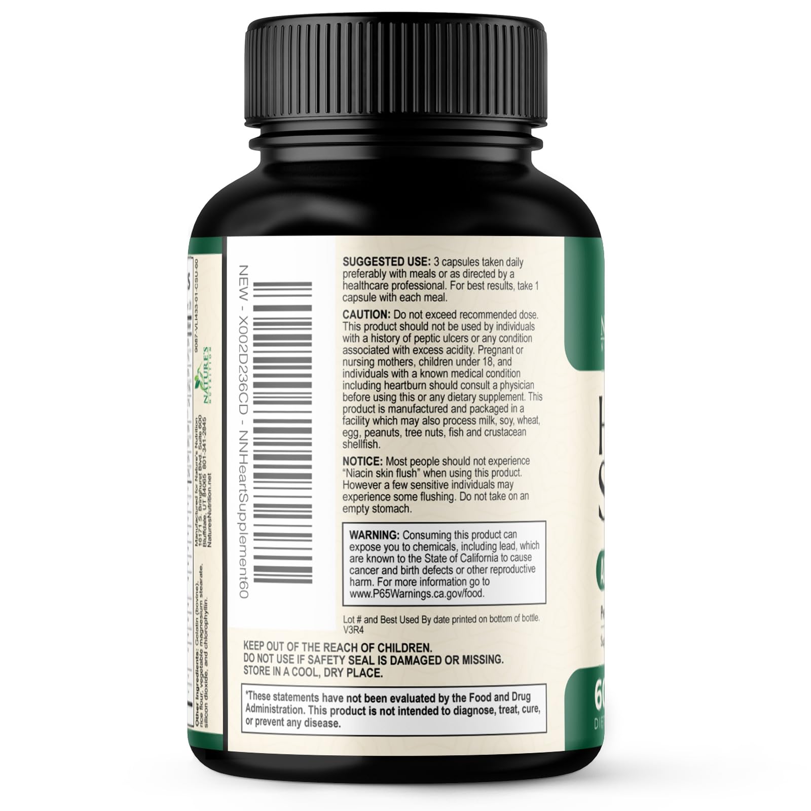 Nature's Nutrition frasco abierto mostrando 60 cápsulas como suministro mensual