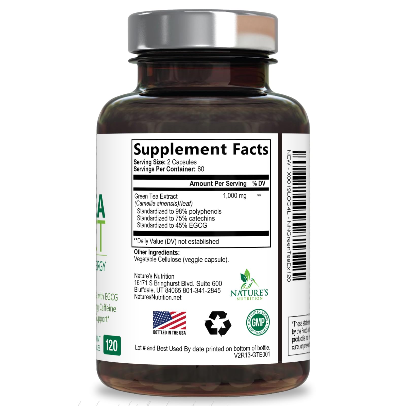 Nature's Nutrition producto junto a hojas de té verde conecta origen natural
