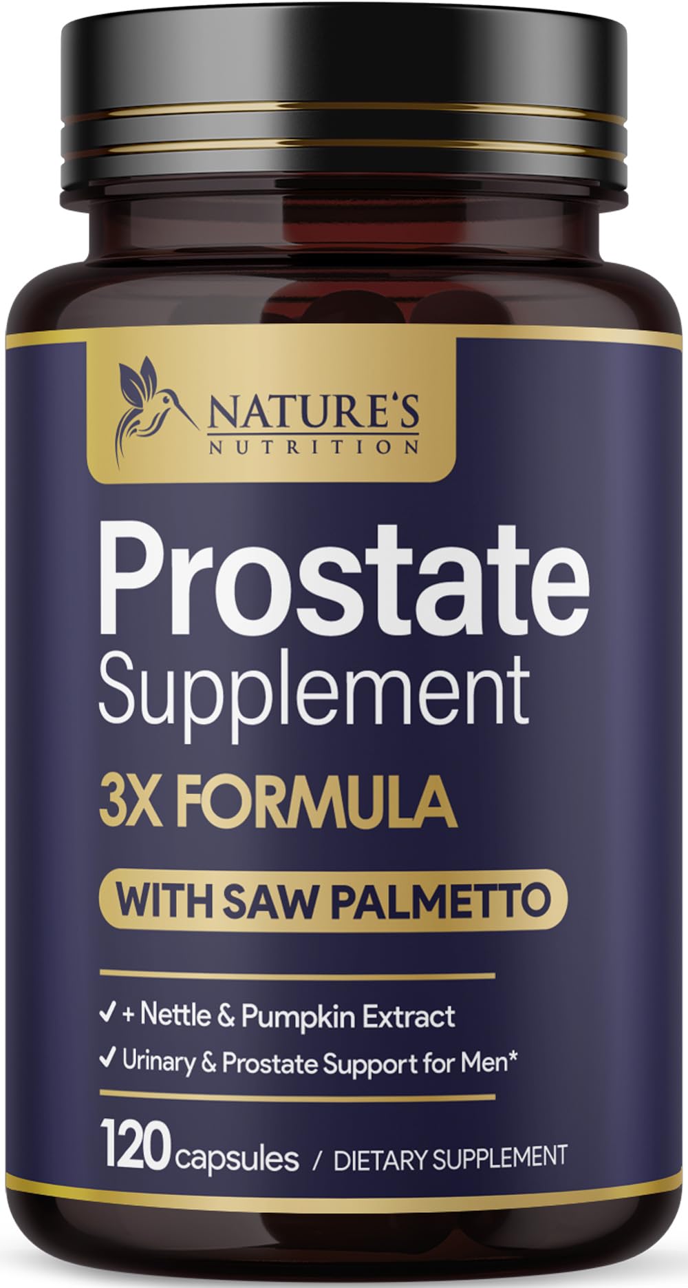 Nature's Nutrition envase frontal mostrando 120 cápsulas y beneficio de soporte prostático
