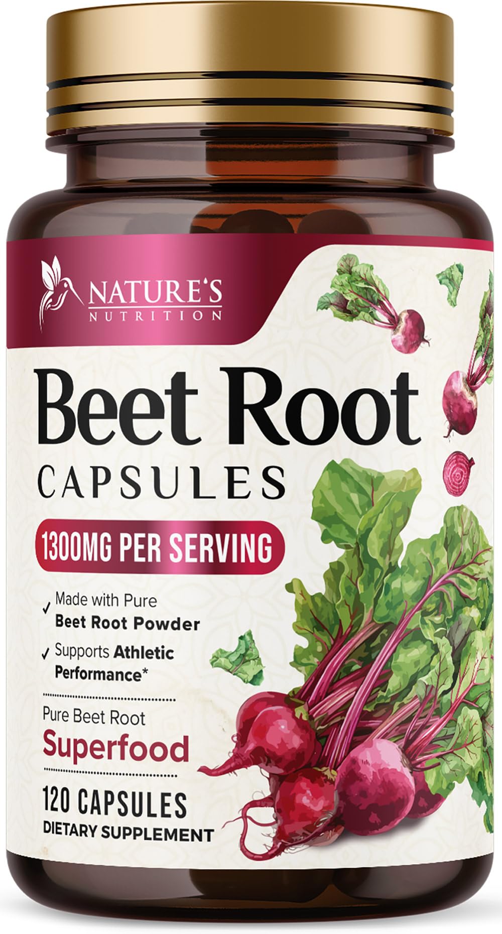 Nature's Nutrition envase frontal de remolacha orgánica, beneficio conveniencia diaria