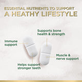 Nature's Nutrition tabletas junto a alimentos ricos en calcio para contexto dietario