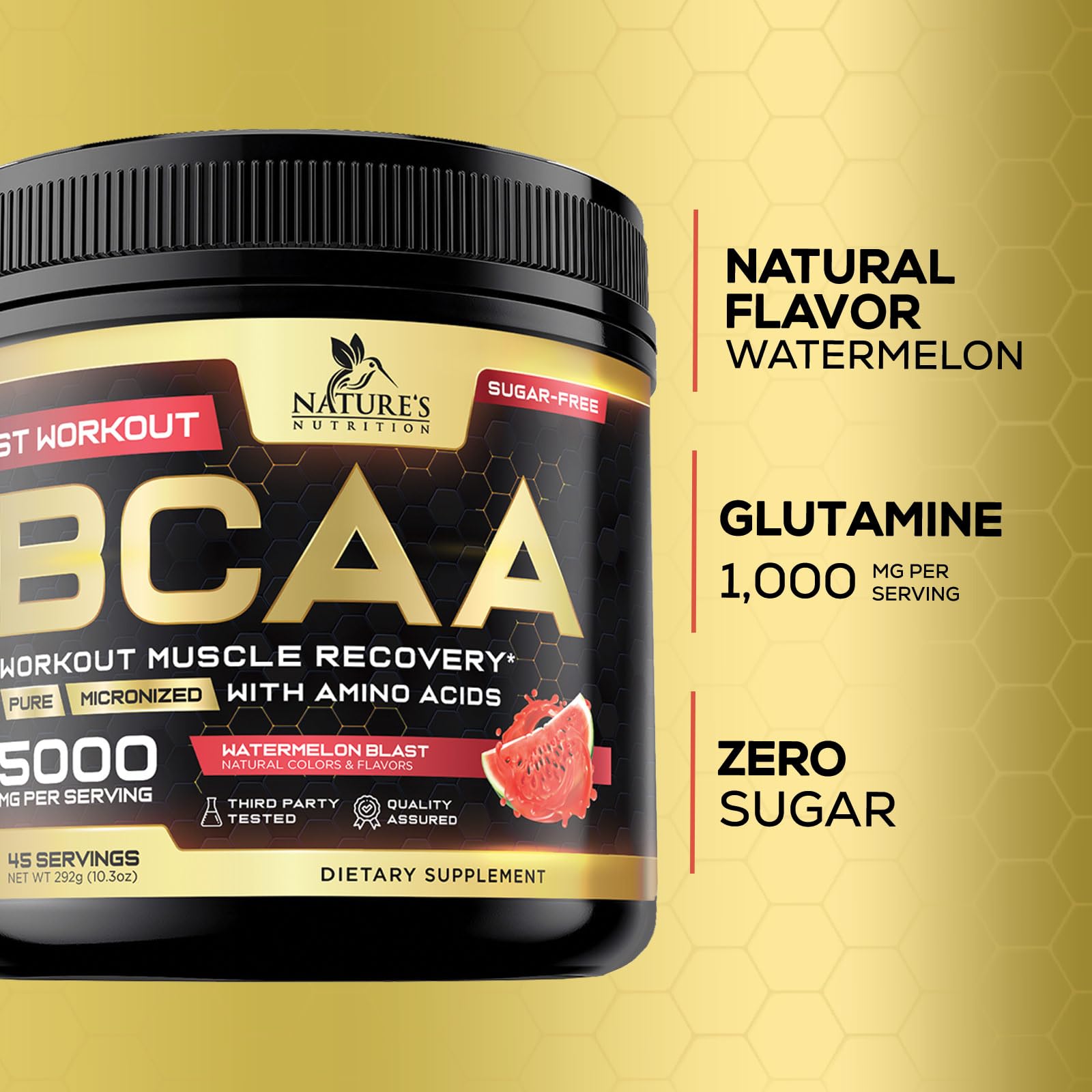 Nature's Nutrition bote junto a objeto para comparar tamaño y duración
