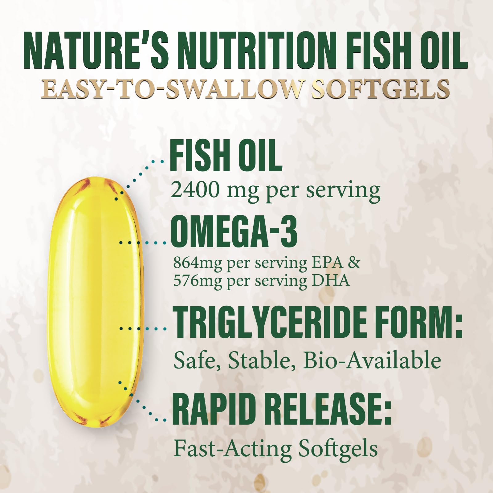 Nature's Nutrition gota de aceite omega‑3 destacando pureza