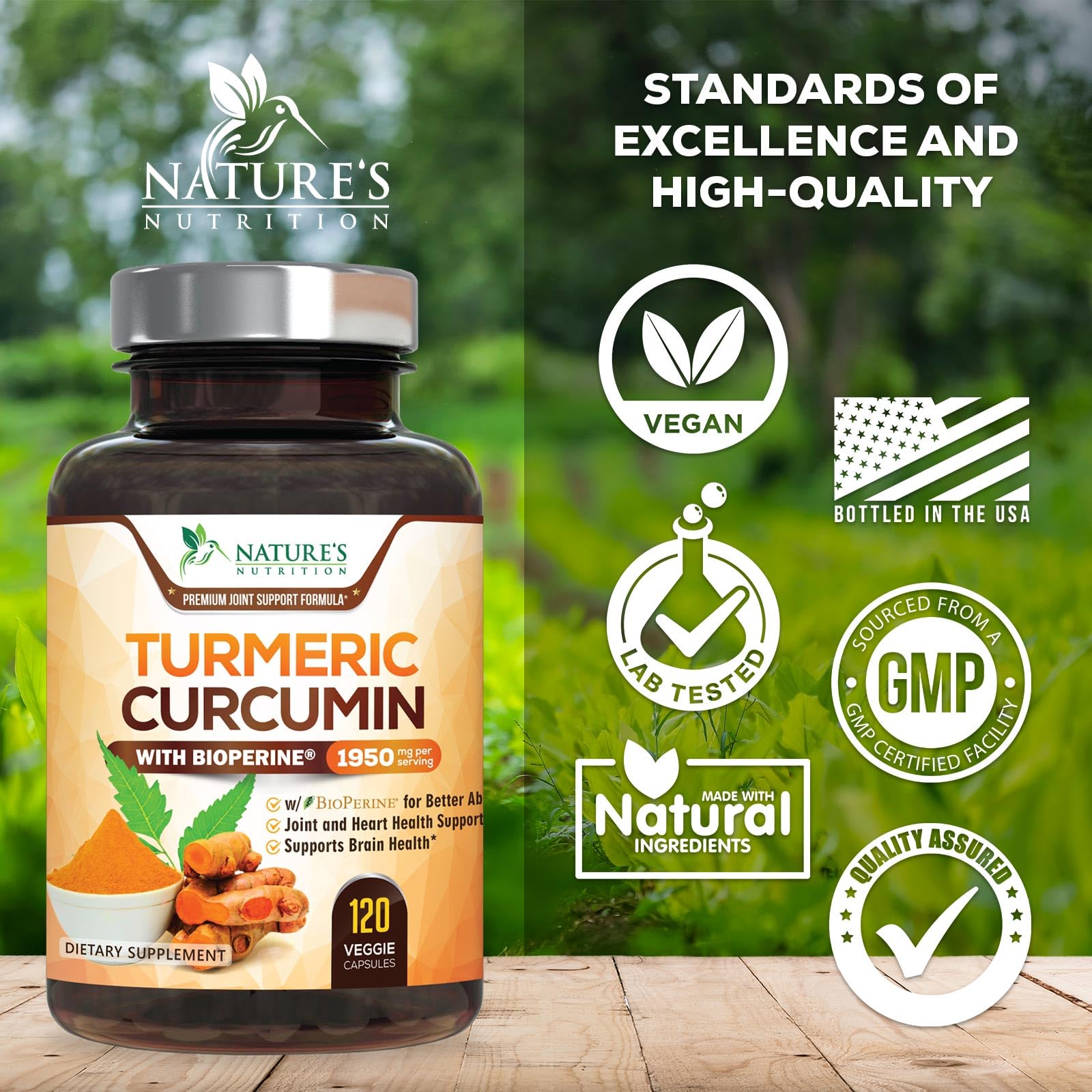 Nature's Nutrition etiqueta con BioPerine visible, subrayando la mejora de biodisponibilidad