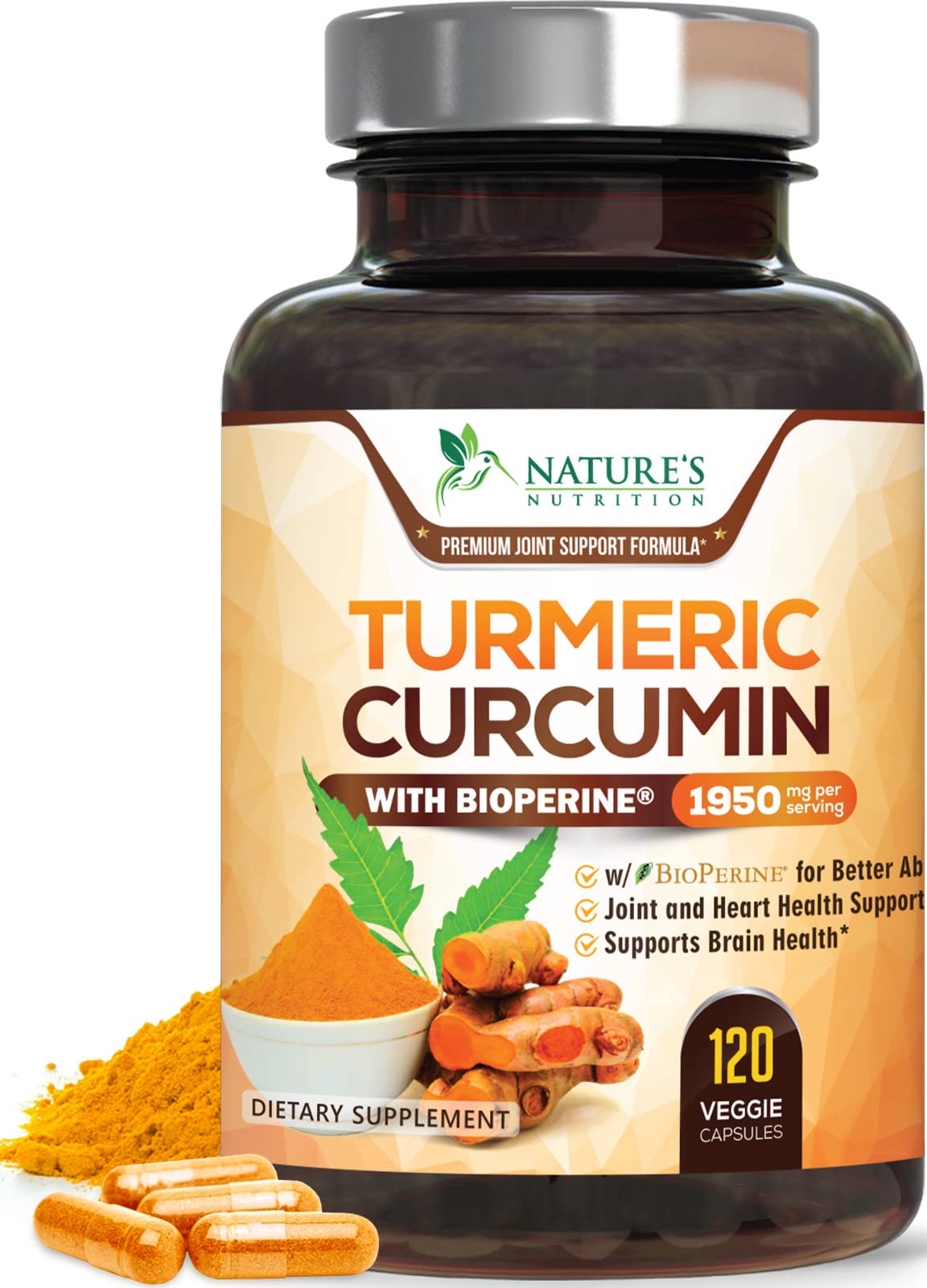 Nature's Nutrition envase frontal mostrando 95% curcuminoides y 120 cápsulas como beneficio informativo