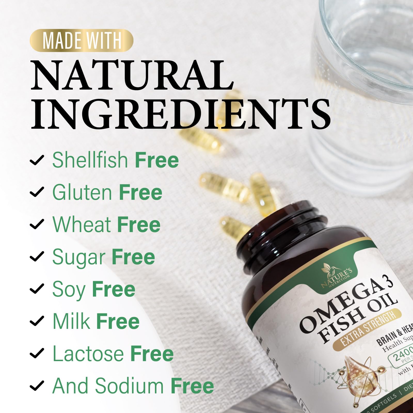 Nature's Nutrition cápsulas junto a desayuno para uso diario
