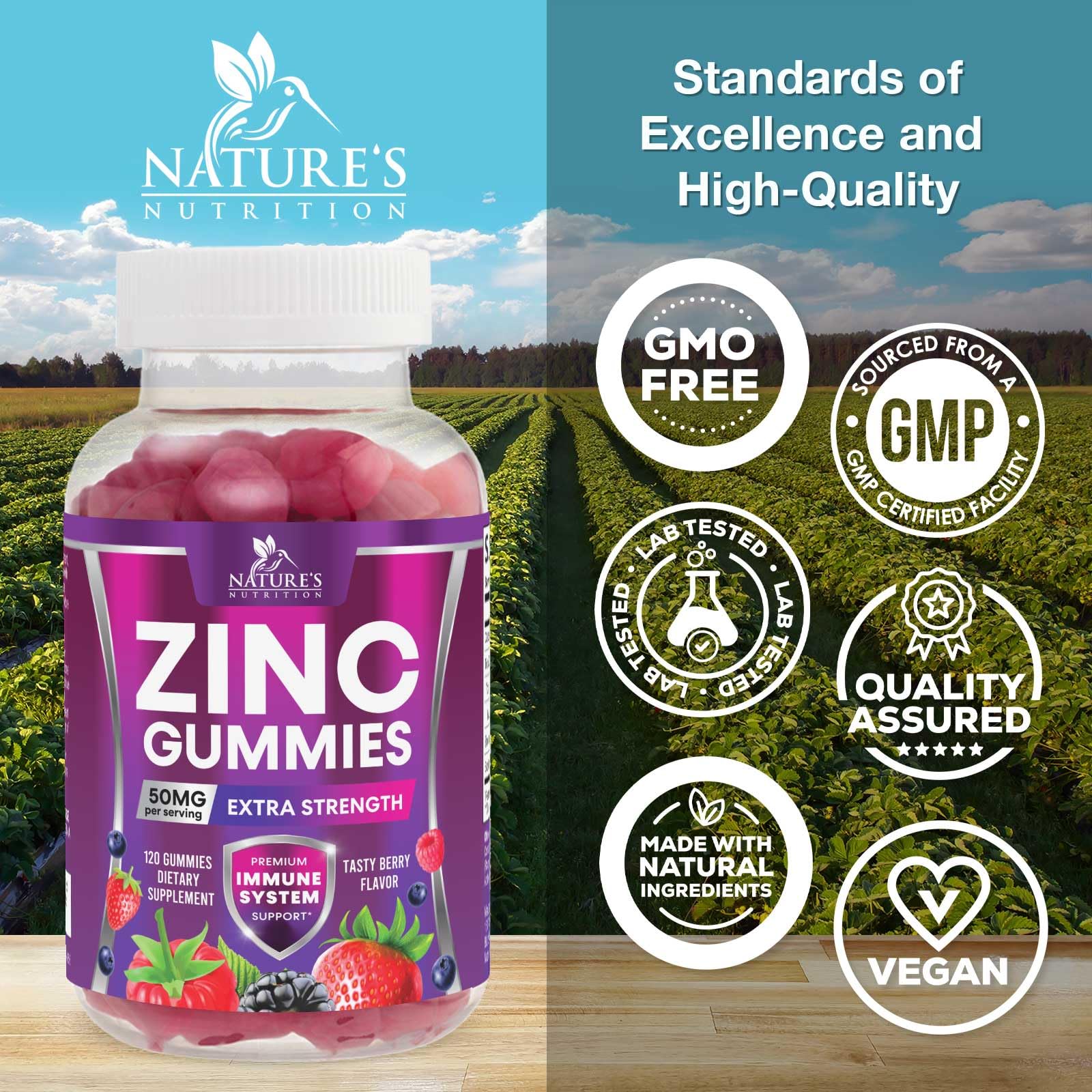 Nature's Nutrition gominolas junto a vaso y cuenco para toma diaria